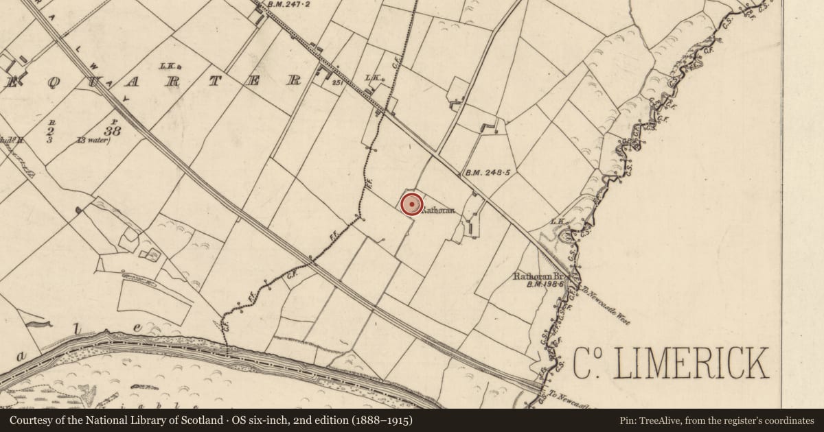 Ordnance Survey six-inch map, 2nd edition (1888–1915) covering the location of Mound, Rathoran, County Kerry, with a pin at the register's coordinates