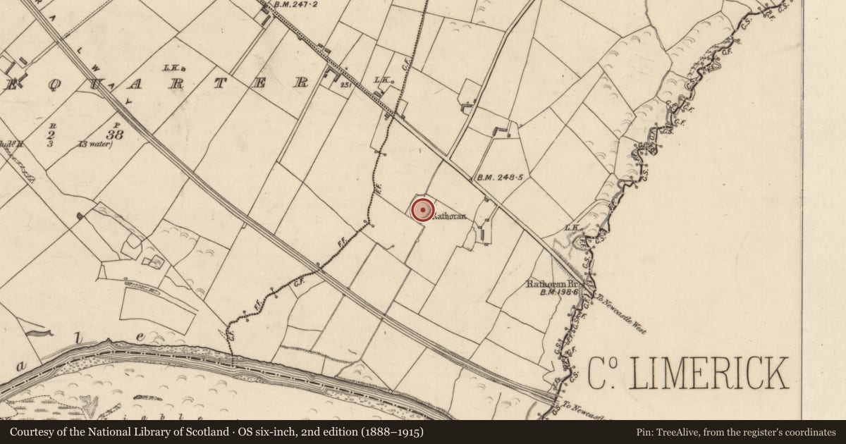 Ordnance Survey six-inch map, 2nd edition (1888–1915) covering the location of Mound, Rathoran, County Kerry, with a pin at the register's coordinates