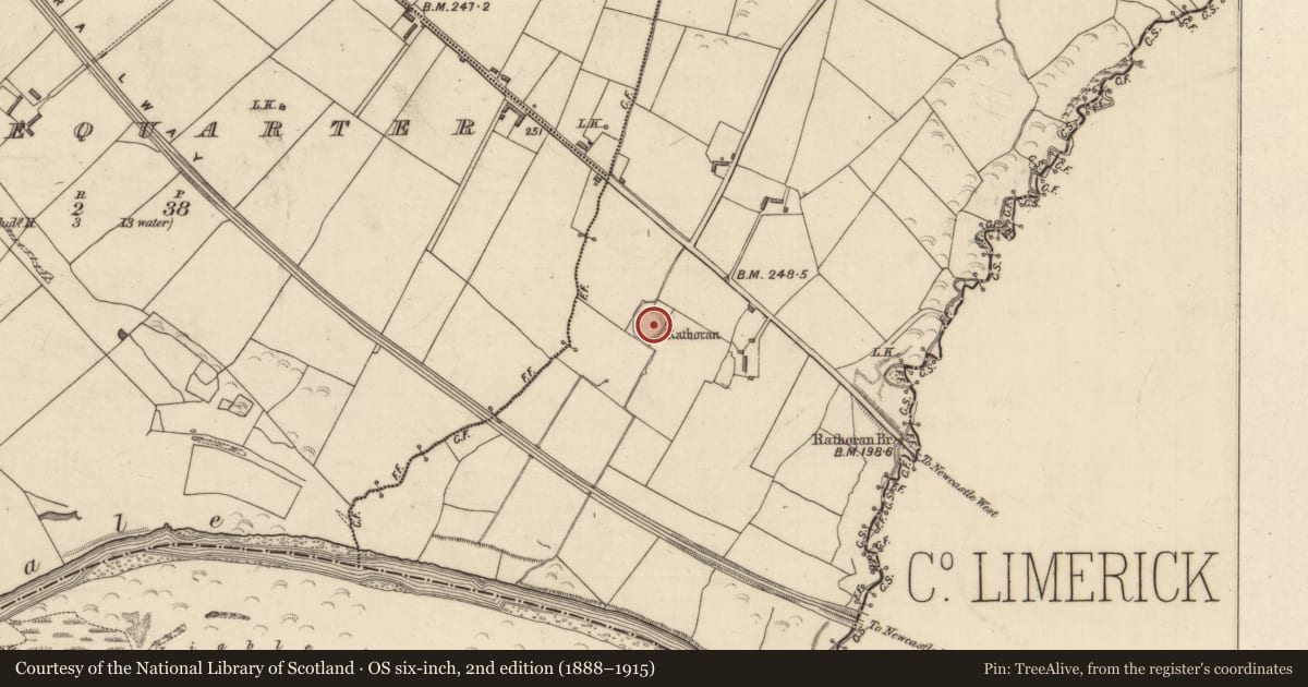 Ordnance Survey six-inch map, 2nd edition (1888–1915) covering the location of Mound, Rathoran, County Kerry, with a pin at the register's coordinates