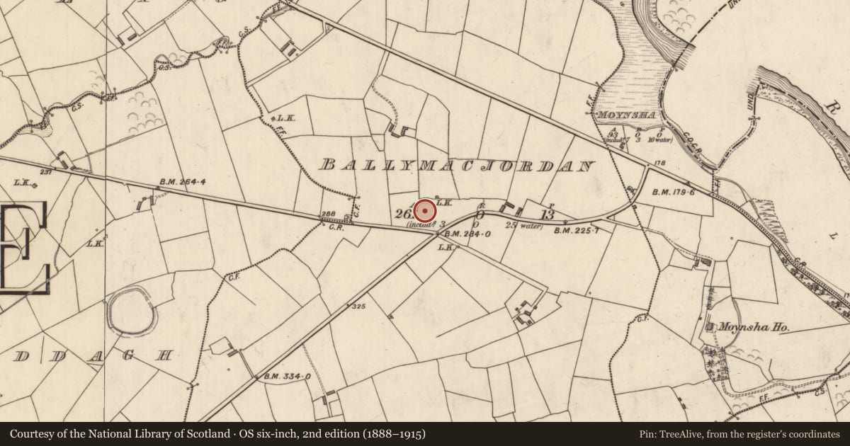 Ordnance Survey six-inch map, 2nd edition (1888–1915) covering the location of Ringfort - rath, Ballymacjordan, County Kerry, with a pin at the register's coordinates