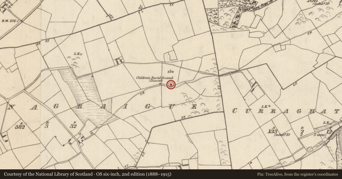 Ordnance Survey six-inch map, 2nd edition (1888–1915) covering the location of Children's burial ground, Ballynagraigue, County Kerry, with a pin at the register's coordinates
