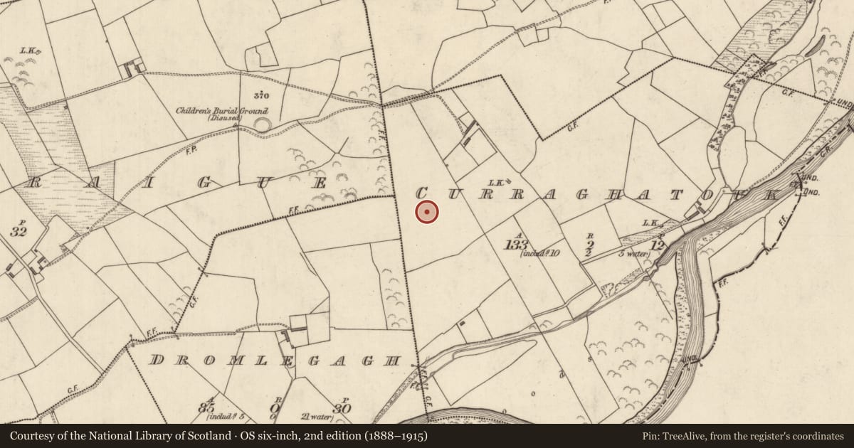 Ordnance Survey six-inch map, 2nd edition (1888–1915) covering the location of Ringfort - rath, Curraghatouk, County Kerry, with a pin at the register's coordinates