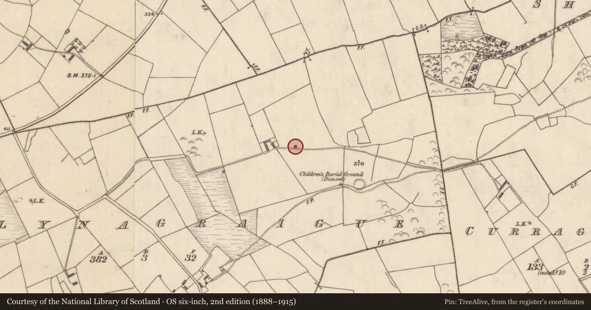 Ordnance Survey six-inch map, 2nd edition (1888–1915) covering the location of Standing stone, Ballynagraigue, County Kerry, with a pin at the register's coordinates