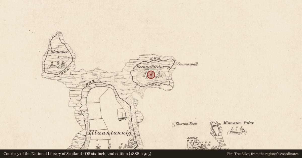 Ordnance Survey six-inch map, 2nd edition (1888–1915) covering the location of Hut site, Reennafardarrig Island, County Kerry, with a pin at the register's coordinates