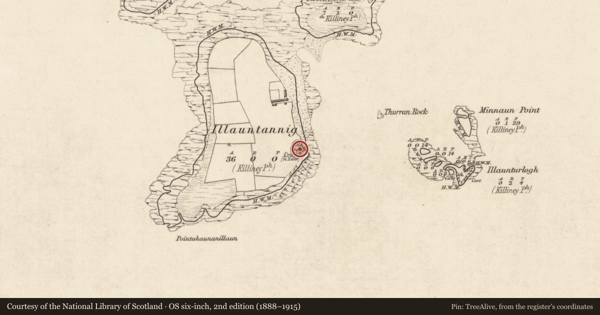 Ordnance Survey six-inch map, 2nd edition (1888–1915) covering the location of Ecclesiastical enclosure, Illauntannig, County Kerry, with a pin at the register's coordinates