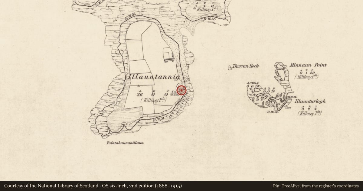 Ordnance Survey six-inch map, 2nd edition (1888–1915) covering the location of Church, Illauntannig, County Kerry, with a pin at the register's coordinates