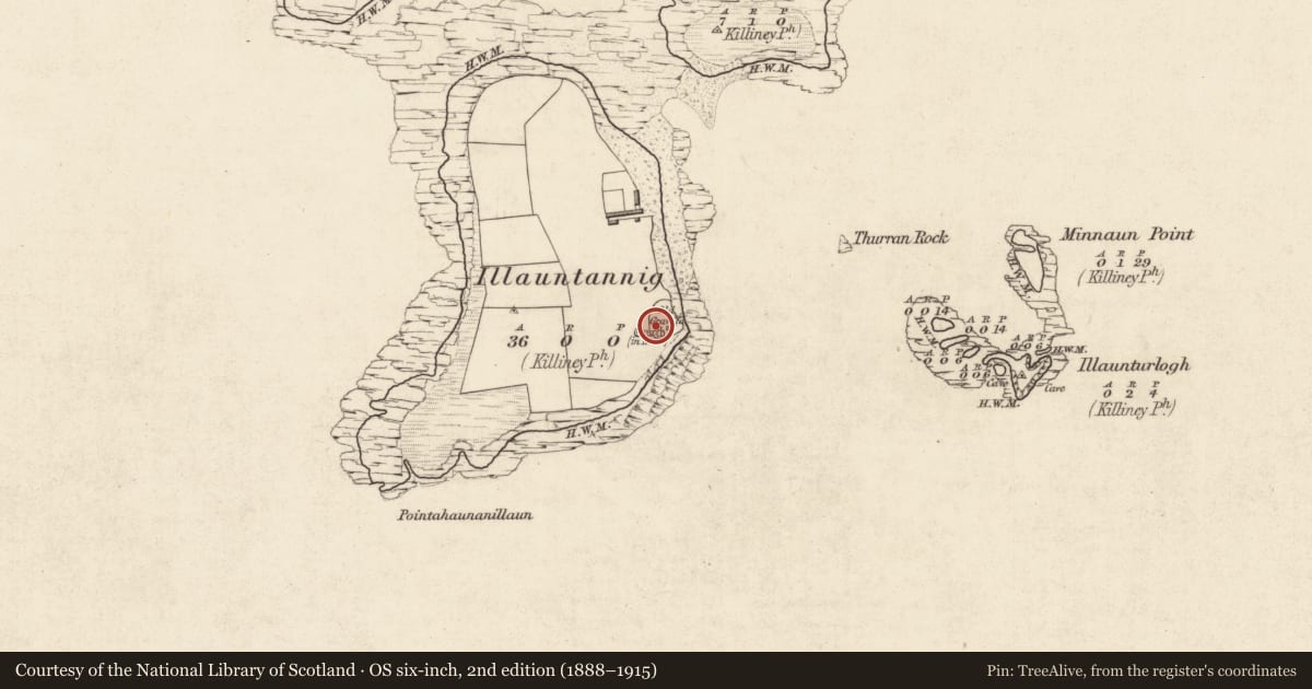 Ordnance Survey six-inch map, 2nd edition (1888–1915) covering the location of Souterrain, Illauntannig, County Kerry, with a pin at the register's coordinates