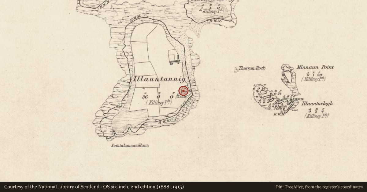Ordnance Survey six-inch map, 2nd edition (1888–1915) covering the location of Graveyard, Illauntannig, County Kerry, with a pin at the register's coordinates