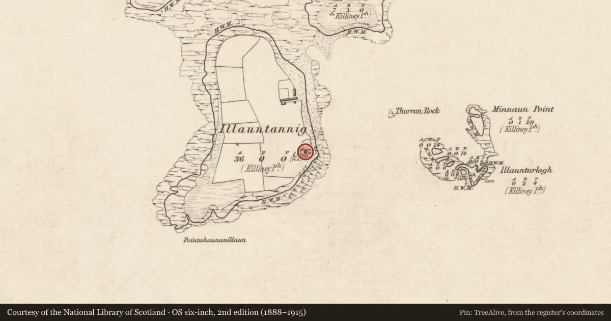 Ordnance Survey six-inch map, 2nd edition (1888–1915) covering the location of Clochan, Illauntannig, County Kerry, with a pin at the register's coordinates