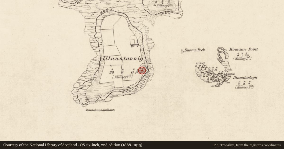 Ordnance Survey six-inch map, 2nd edition (1888–1915) covering the location of Clochan, Illauntannig, County Kerry, with a pin at the register's coordinates