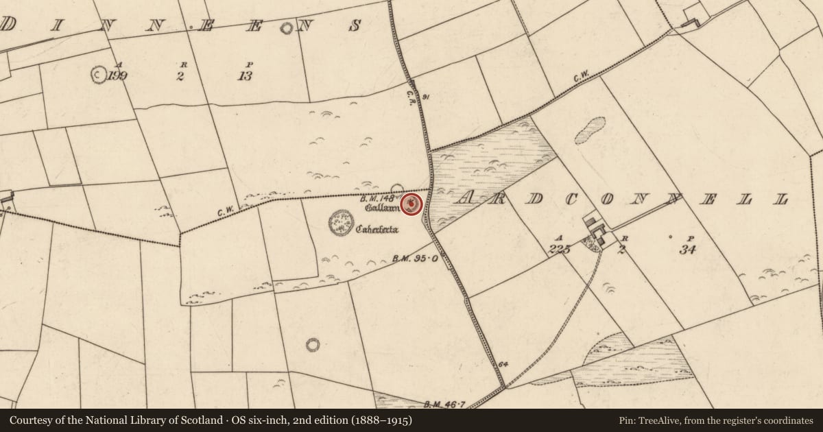 Ordnance Survey six-inch map, 2nd edition (1888–1915) covering the location of Barrow - ring-barrow, Killeacle, County Kerry, with a pin at the register's coordinates