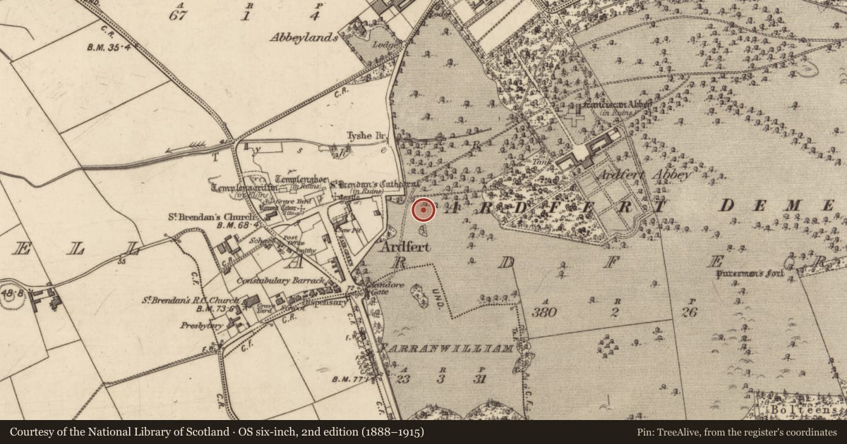 Ordnance Survey six-inch map, 2nd edition (1888–1915) covering the location of Historic town, Ardfert, County Kerry, with a pin at the register's coordinates