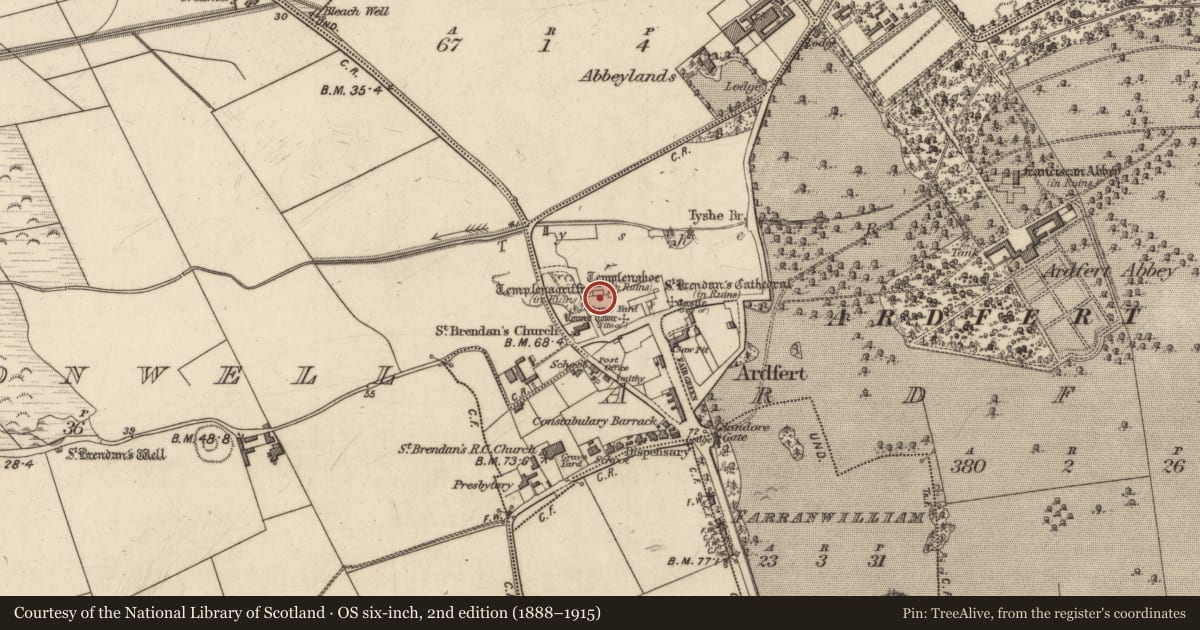 Ordnance Survey six-inch map, 2nd edition (1888–1915) covering the location of Church, Ardfert, County Kerry, with a pin at the register's coordinates