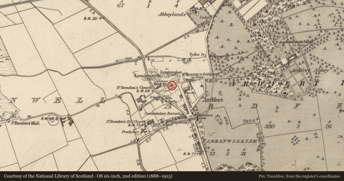 Ordnance Survey six-inch map, 2nd edition (1888–1915) covering the location of Round tower, Ardfert, County Kerry, with a pin at the register's coordinates