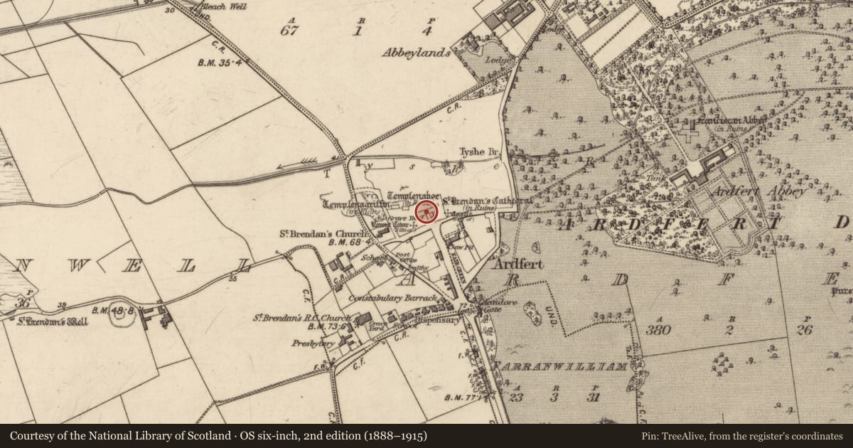 Ordnance Survey six-inch map, 2nd edition (1888–1915) covering the location of Graveslab, Ardfert, County Kerry, with a pin at the register's coordinates