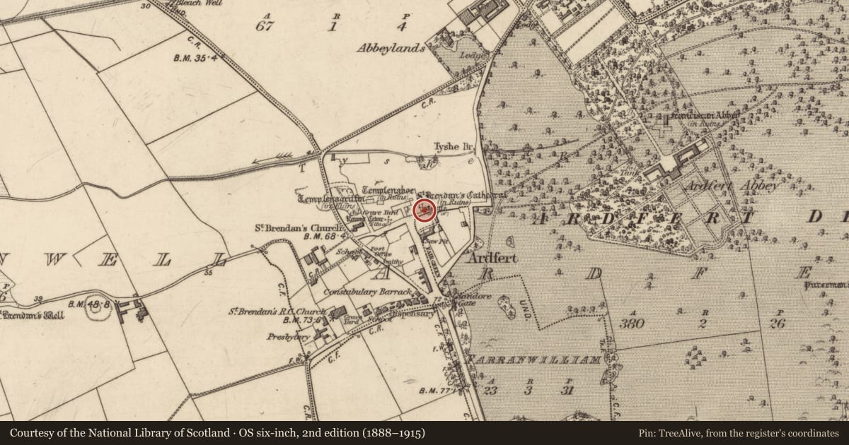Ordnance Survey six-inch map, 2nd edition (1888–1915) covering the location of Castle - unclassified, Ardfert, County Kerry, with a pin at the register's coordinates