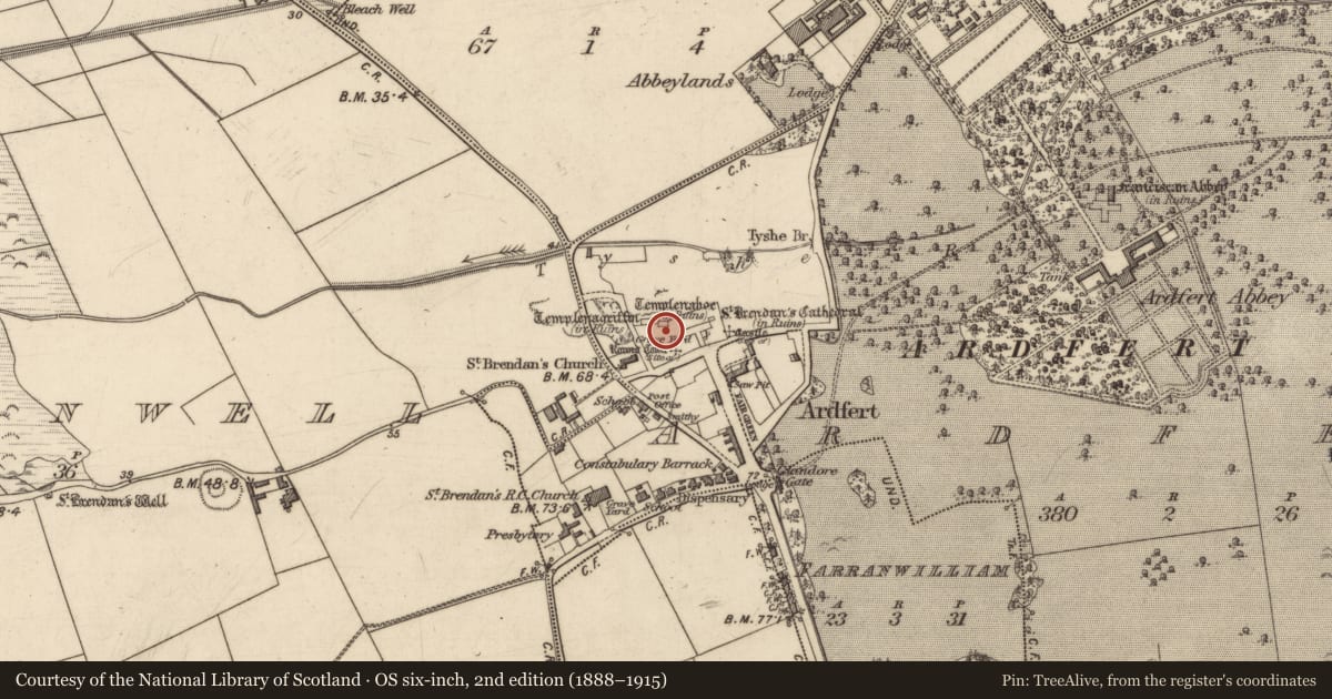Ordnance Survey six-inch map, 2nd edition (1888–1915) covering the location of Church, Ardfert, County Kerry, with a pin at the register's coordinates