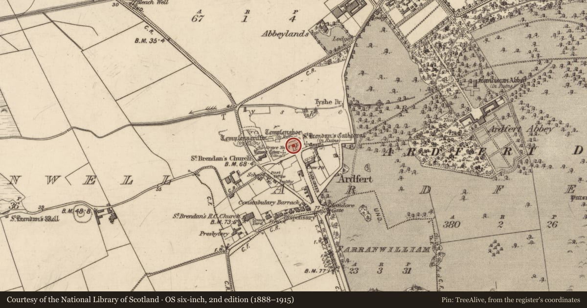 Ordnance Survey six-inch map, 2nd edition (1888–1915) covering the location of Church, Ardfert, County Kerry, with a pin at the register's coordinates