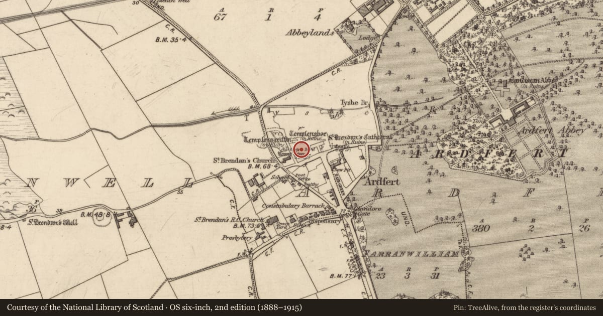 Ordnance Survey six-inch map, 2nd edition (1888–1915) covering the location of Graveyard, Ardfert, County Kerry, with a pin at the register's coordinates
