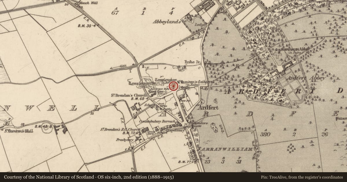 Ordnance Survey six-inch map, 2nd edition (1888–1915) covering the location of Graveslab, Ardfert, County Kerry, with a pin at the register's coordinates