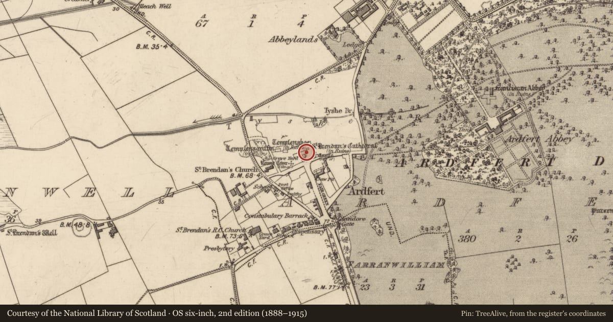 Ordnance Survey six-inch map, 2nd edition (1888–1915) covering the location of Wall monument - effigial, Ardfert, County Kerry, with a pin at the register's coordinates