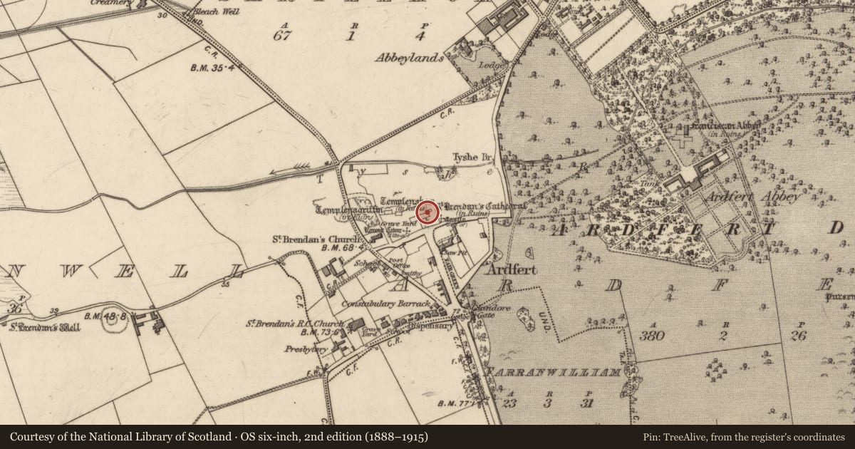 Ordnance Survey six-inch map, 2nd edition (1888–1915) covering the location of Wall monument - effigial, Ardfert, County Kerry, with a pin at the register's coordinates