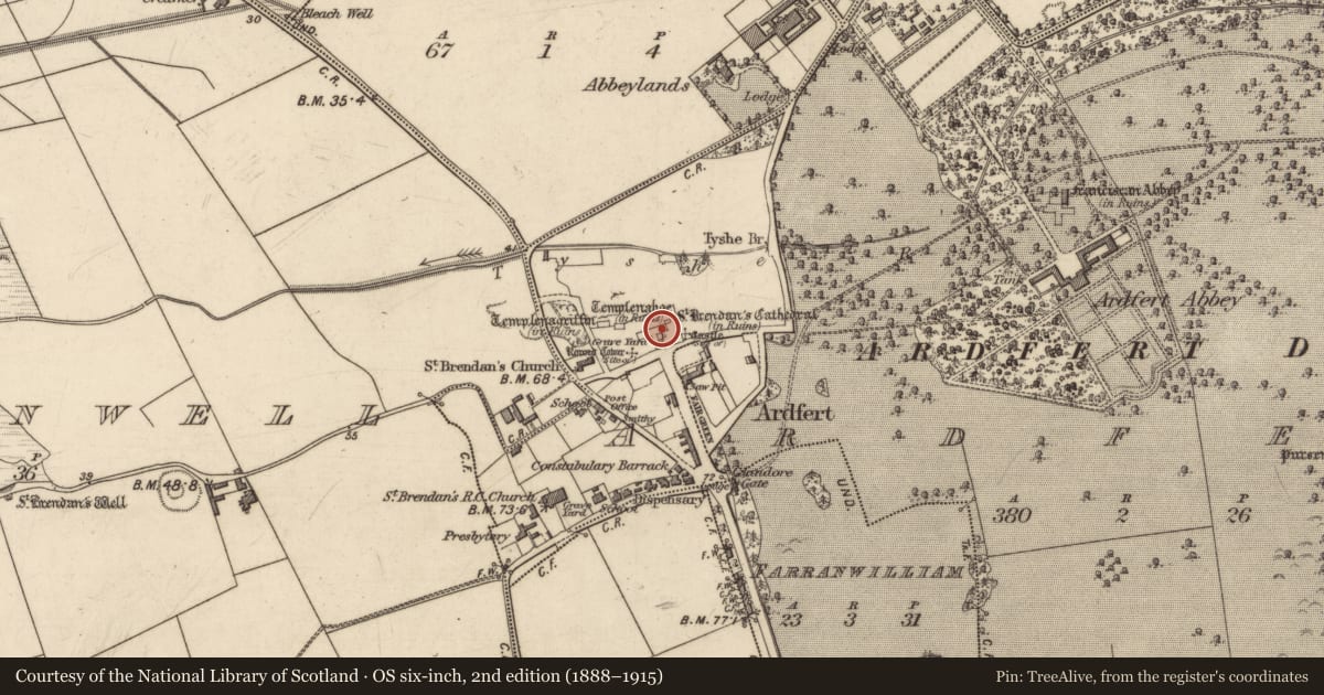 Ordnance Survey six-inch map, 2nd edition (1888–1915) covering the location of Graveslab, Ardfert, County Kerry, with a pin at the register's coordinates
