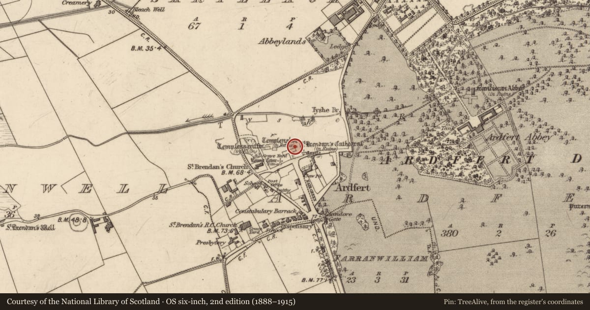 Ordnance Survey six-inch map, 2nd edition (1888–1915) covering the location of Graveslab, Ardfert, County Kerry, with a pin at the register's coordinates