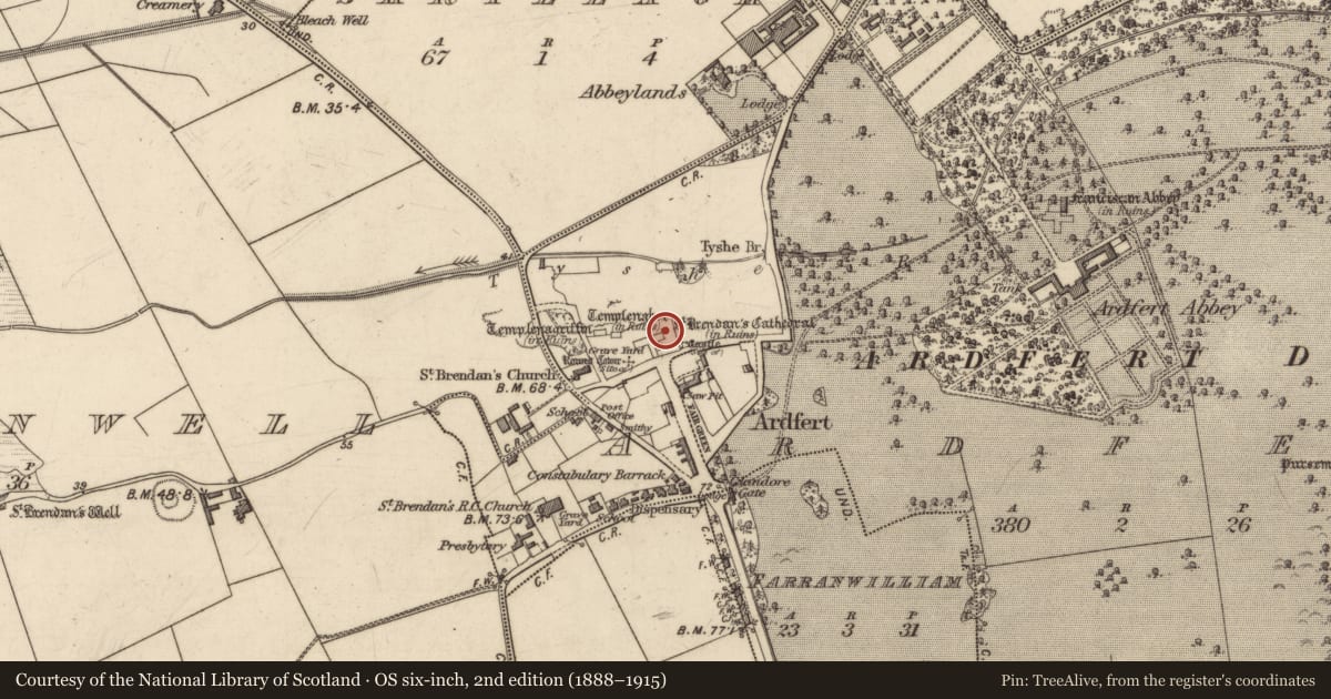 Ordnance Survey six-inch map, 2nd edition (1888–1915) covering the location of Armorial plaque, Ardfert, County Kerry, with a pin at the register's coordinates