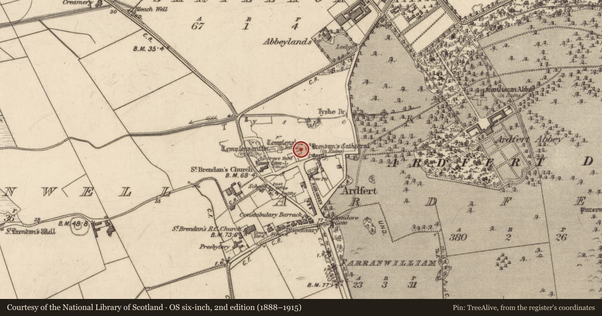 Ordnance Survey six-inch map, 2nd edition (1888–1915) covering the location of Tomb - table tomb, Ardfert, County Kerry, with a pin at the register's coordinates