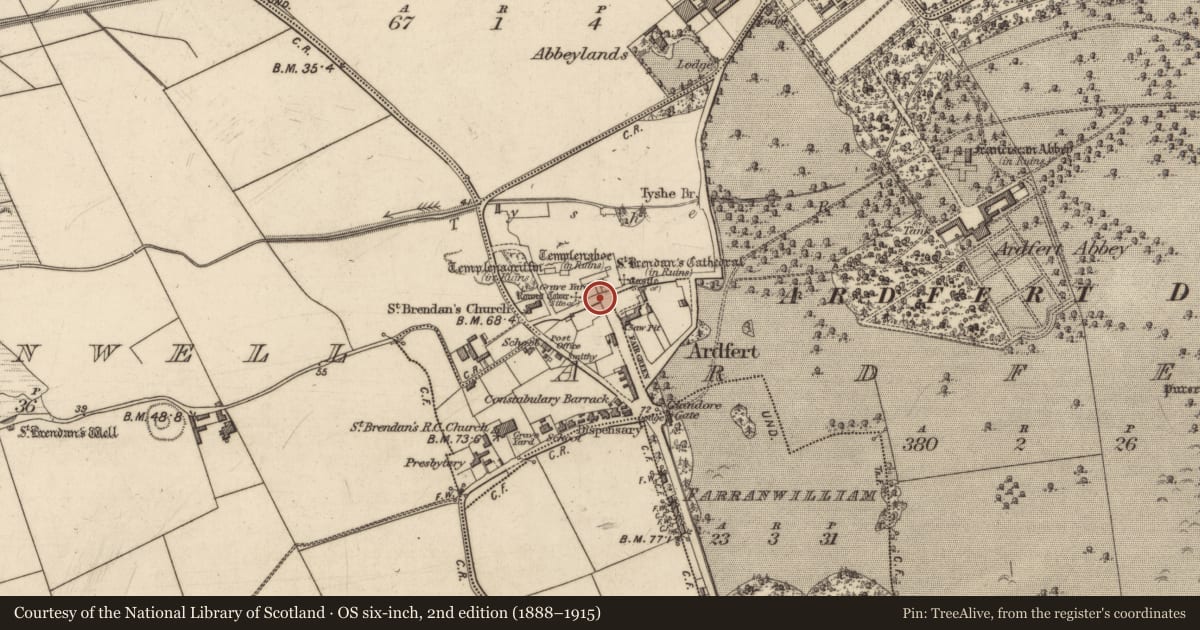 Ordnance Survey six-inch map, 2nd edition (1888–1915) covering the location of Ogham stone (present location), Ardfert, County Kerry, with a pin at the register's coordinates