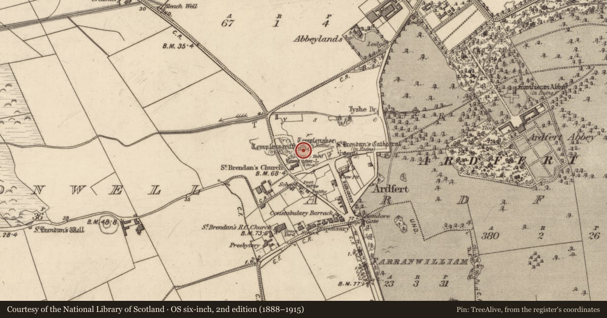 Ordnance Survey six-inch map, 2nd edition (1888–1915) covering the location of Ogham stone, Ardfert, County Kerry, with a pin at the register's coordinates