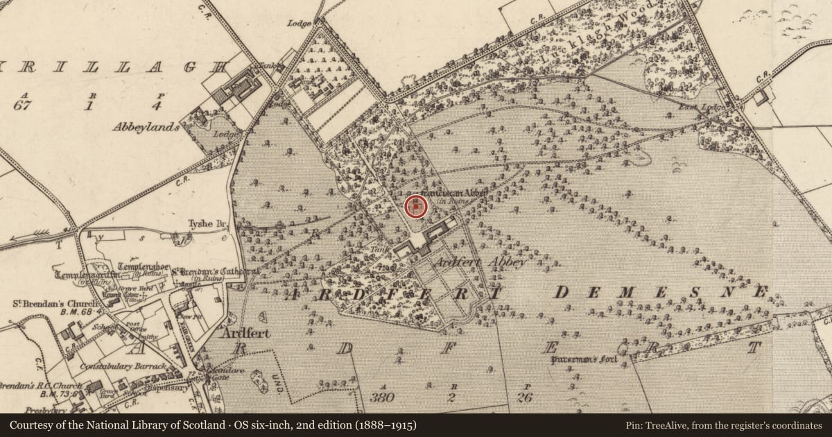 Ordnance Survey six-inch map, 2nd edition (1888–1915) covering the location of Graveslab, Ardfert, County Kerry, with a pin at the register's coordinates