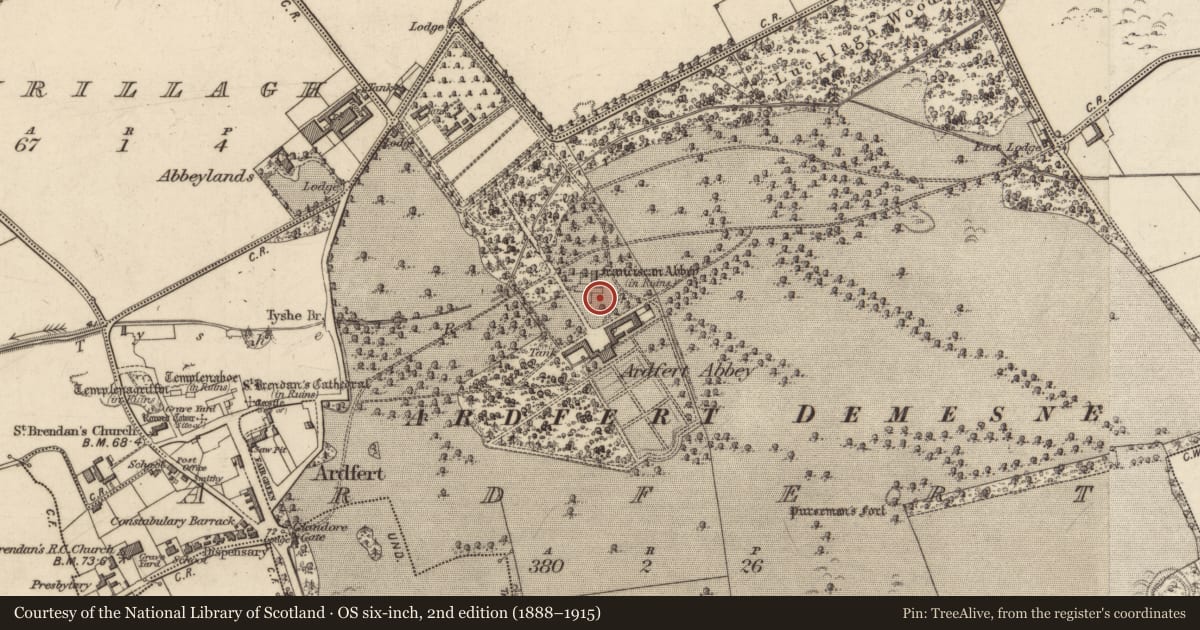 Ordnance Survey six-inch map, 2nd edition (1888–1915) covering the location of Tomb - effigial, Ardfert, County Kerry, with a pin at the register's coordinates