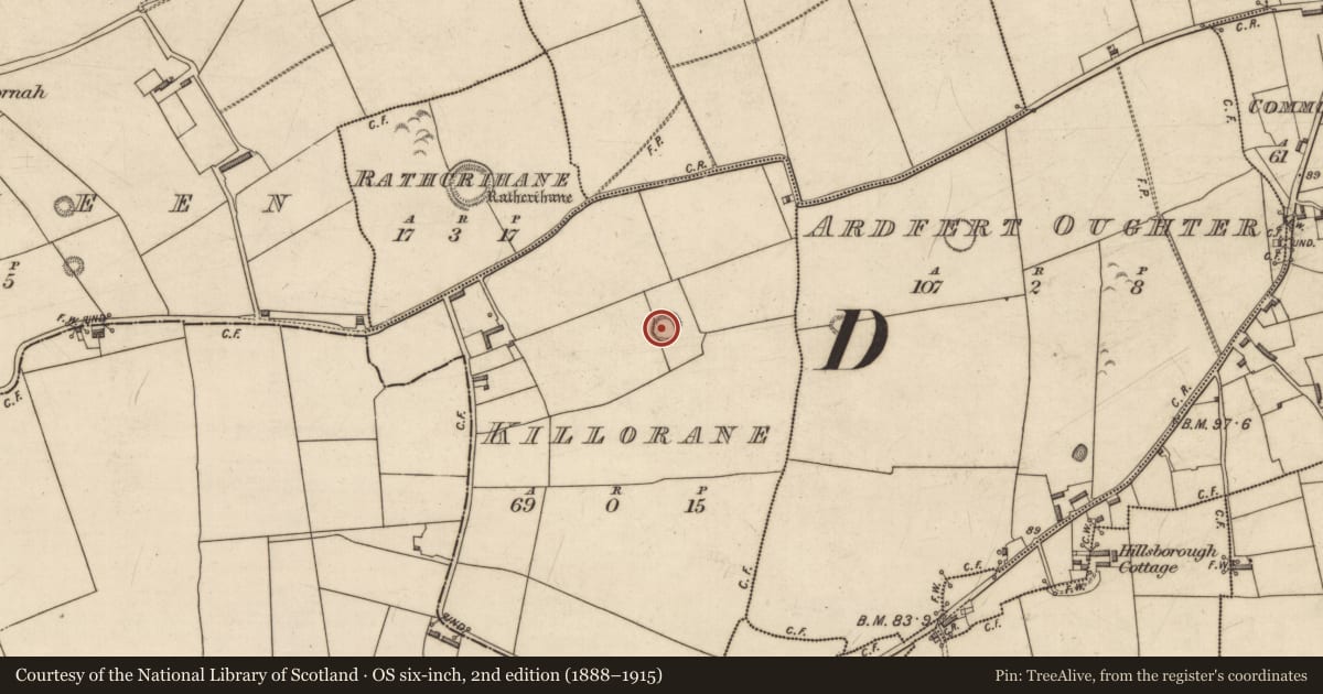 Ordnance Survey six-inch map, 2nd edition (1888–1915) covering the location of Ringfort - rath, Killorane, County Kerry, with a pin at the register's coordinates