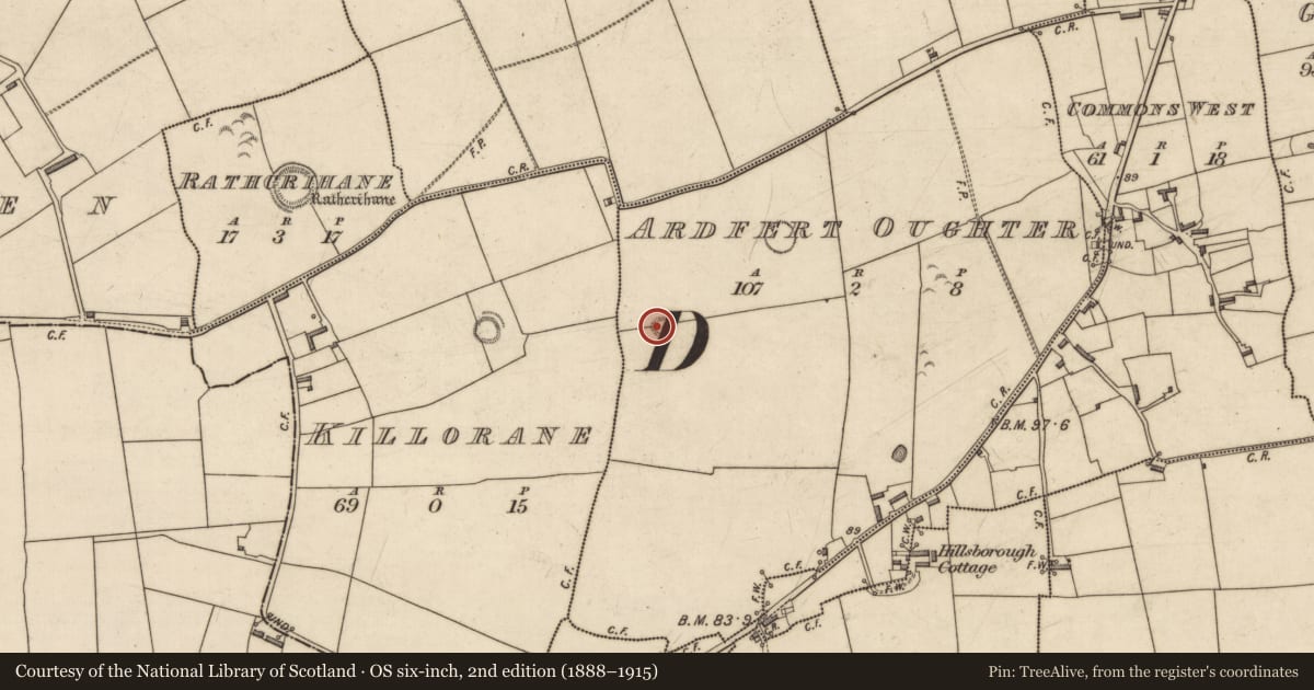 Ordnance Survey six-inch map, 2nd edition (1888–1915) covering the location of Hut site, Ardfert Oughter, County Kerry, with a pin at the register's coordinates