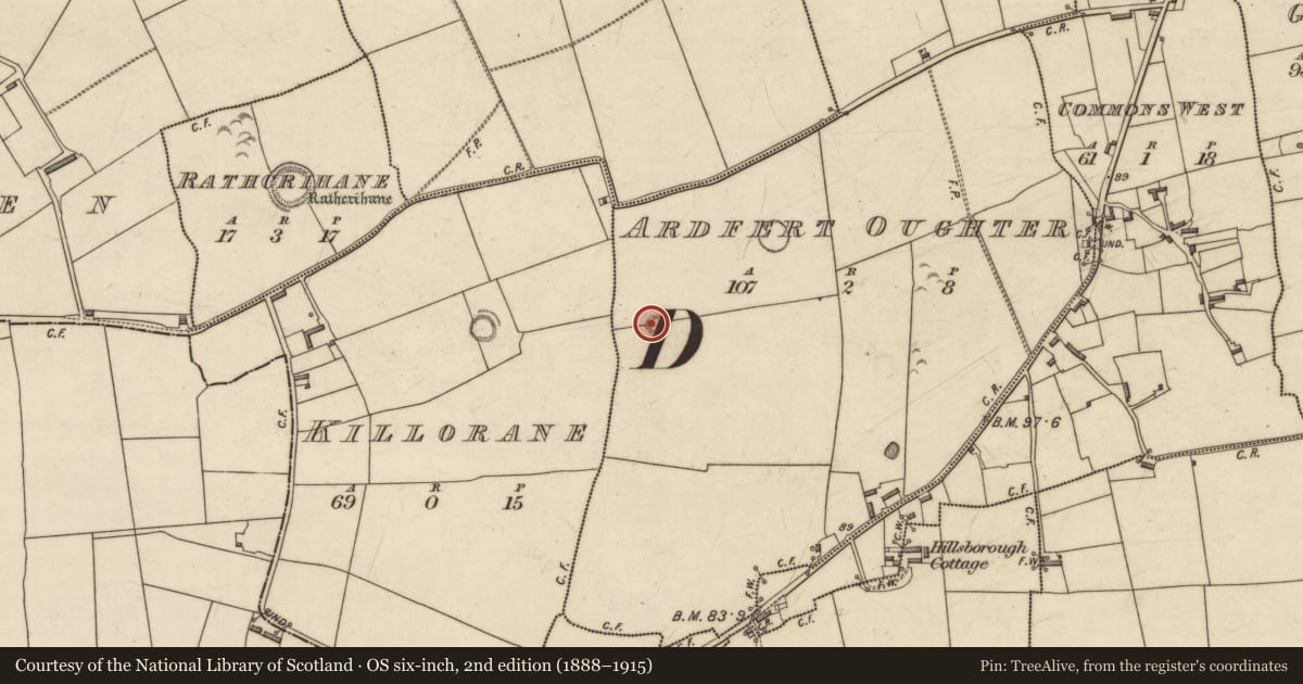 Ordnance Survey six-inch map, 2nd edition (1888–1915) covering the location of Hut site, Ardfert Oughter, County Kerry, with a pin at the register's coordinates