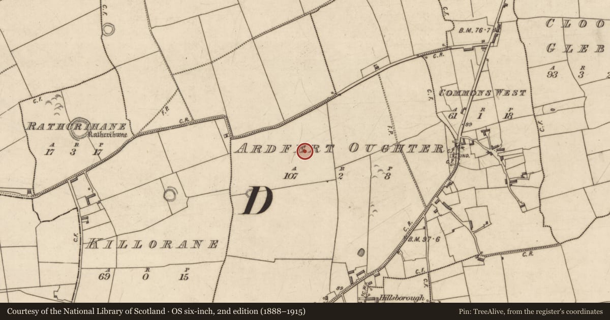 Ordnance Survey six-inch map, 2nd edition (1888–1915) covering the location of Enclosure, Ardfert Oughter, County Kerry, with a pin at the register's coordinates