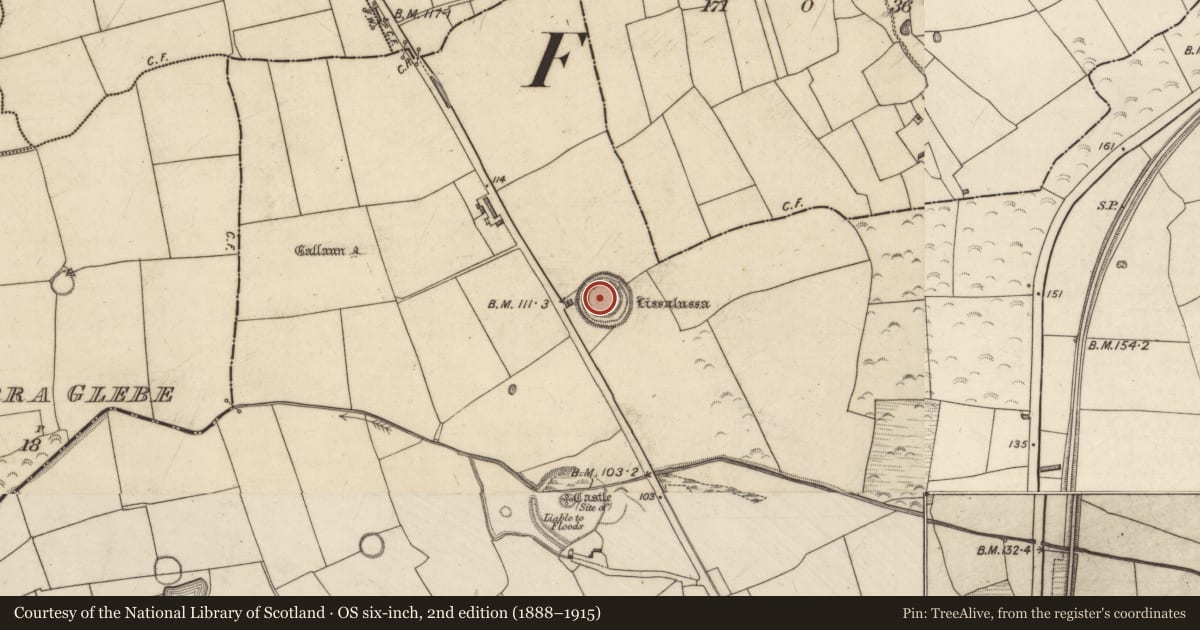 Ordnance Survey six-inch map, 2nd edition (1888–1915) covering the location of Souterrain, Liscahane, County Kerry, with a pin at the register's coordinates