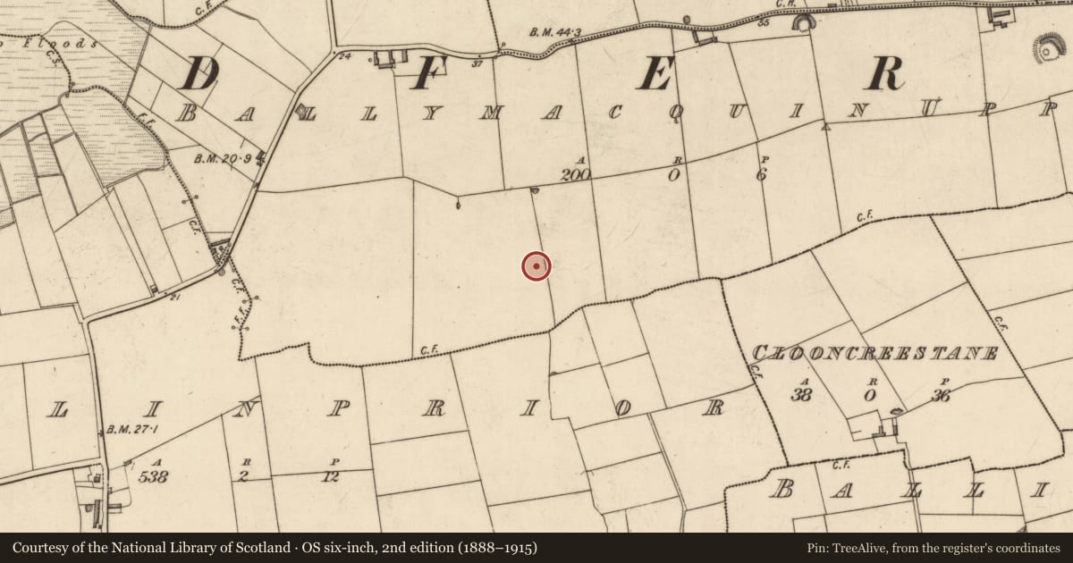 Ordnance Survey six-inch map, 2nd edition (1888–1915) covering the location of Earthwork, Ballymacquin Upper, County Kerry, with a pin at the register's coordinates