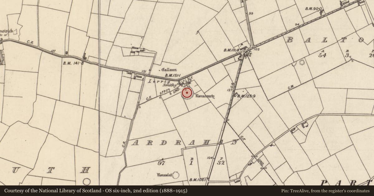 Ordnance Survey six-inch map, 2nd edition (1888–1915) covering the location of Mound, Ardrahan (Clanmaurice By., Kilmoyly Par.), County Kerry, with a pin at the register's coordinates