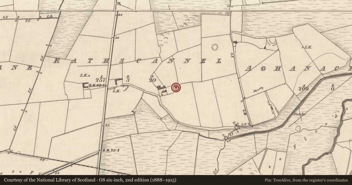Ordnance Survey six-inch map, 2nd edition (1888–1915) covering the location of Enclosure, Rathscannel, County Kerry, with a pin at the register's coordinates