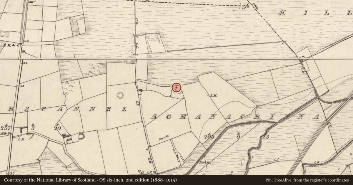 Ordnance Survey six-inch map, 2nd edition (1888–1915) covering the location of House - indeterminate date, Aghanacrinna, County Kerry, with a pin at the register's coordinates