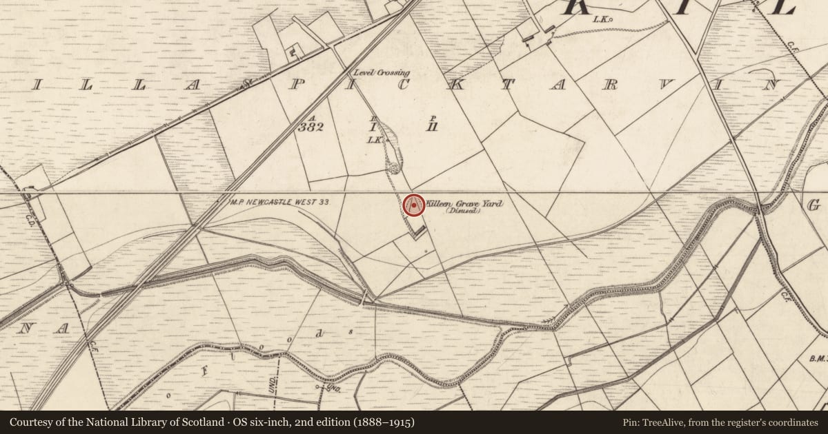Ordnance Survey six-inch map, 2nd edition (1888–1915) covering the location of Children's burial ground, Killaspicktarvin, County Kerry, with a pin at the register's coordinates