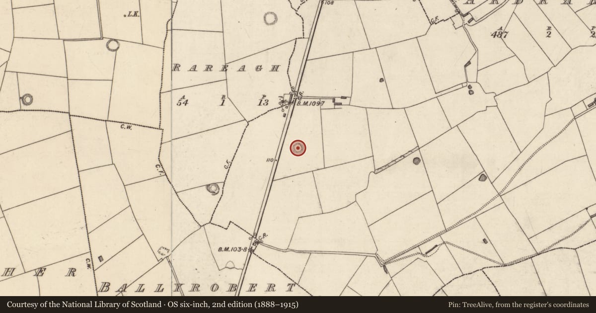 Ordnance Survey six-inch map, 2nd edition (1888–1915) covering the location of Ringfort - rath, Ardrahan (Clanmaurice By., Killahan Par.), County Kerry, with a pin at the register's coordinates