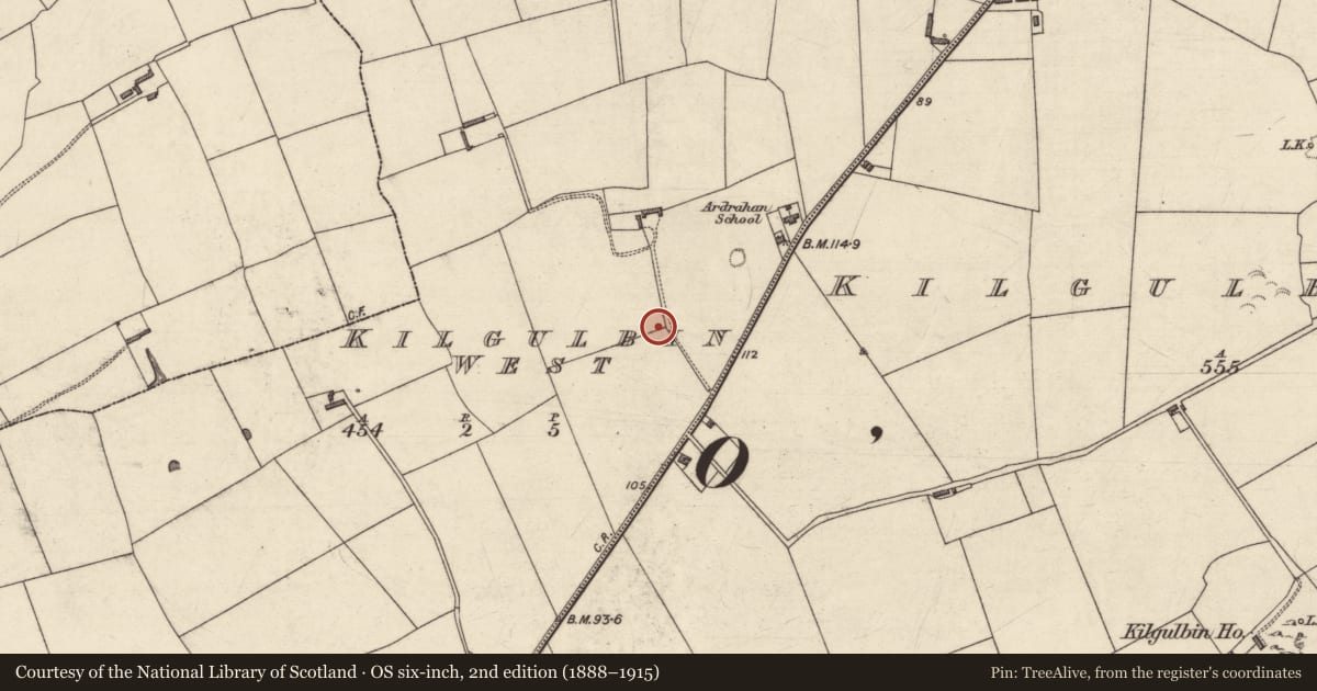 Ordnance Survey six-inch map, 2nd edition (1888–1915) covering the location of Fulacht fia, Kilgulbin West, County Kerry, with a pin at the register's coordinates