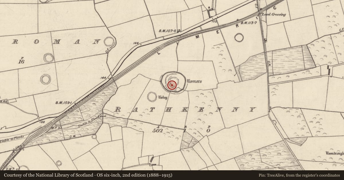Ordnance Survey six-inch map, 2nd edition (1888–1915) covering the location of Souterrain, Rathkenny, County Kerry, with a pin at the register's coordinates