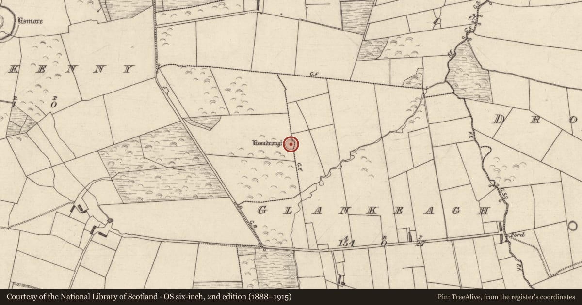 Ordnance Survey six-inch map, 2nd edition (1888–1915) covering the location of Mound, Glankeagh, Rathkenny, County Kerry, with a pin at the register's coordinates