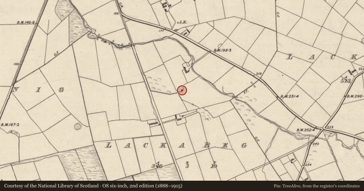 Ordnance Survey six-inch map, 2nd edition (1888–1915) covering the location of Enclosure, Lacka Beg, County Kerry, with a pin at the register's coordinates