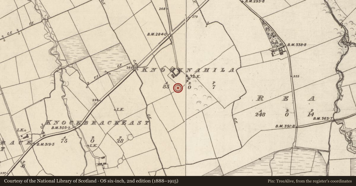 Ordnance Survey six-inch map, 2nd edition (1888–1915) covering the location of Ringfort - rath, Knocknahila, County Kerry, with a pin at the register's coordinates